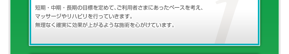 短期・中期・長期の目標を定めて、ご利用者さまにピッタリのペースを考え、マッサージやリハビリを行っていきます。無理なく確実に効果が上がるような施術を心がけています。