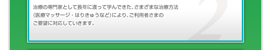 治療の専門家として長年に渡って学んできた、さまざまな治療方法（医療マッサージ・はりきゅうなど）により、ご利用者さまのご要望に対応していきます。